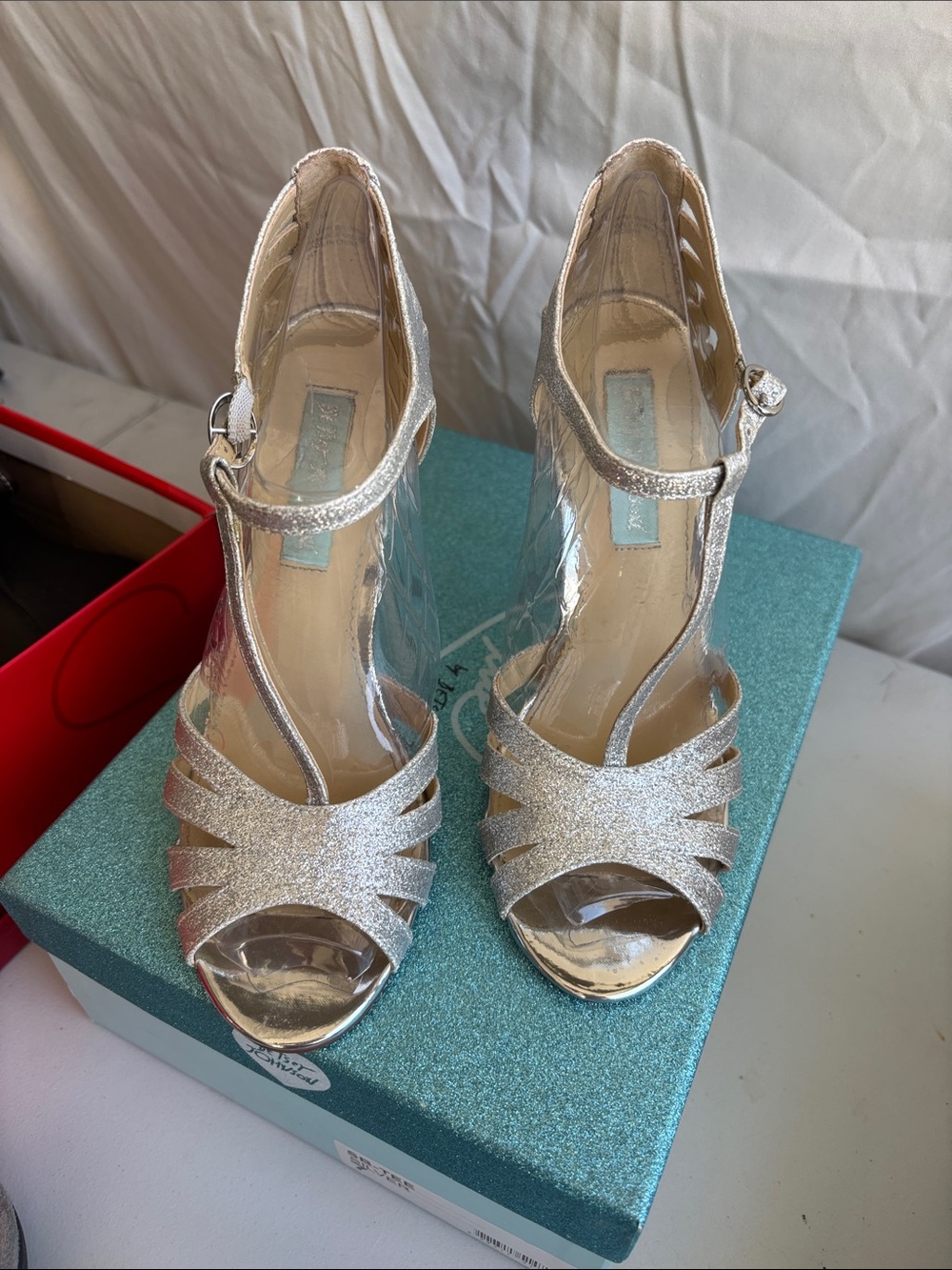Betsey Johnson Silver Glitter T-Strap Open-Toe Heels